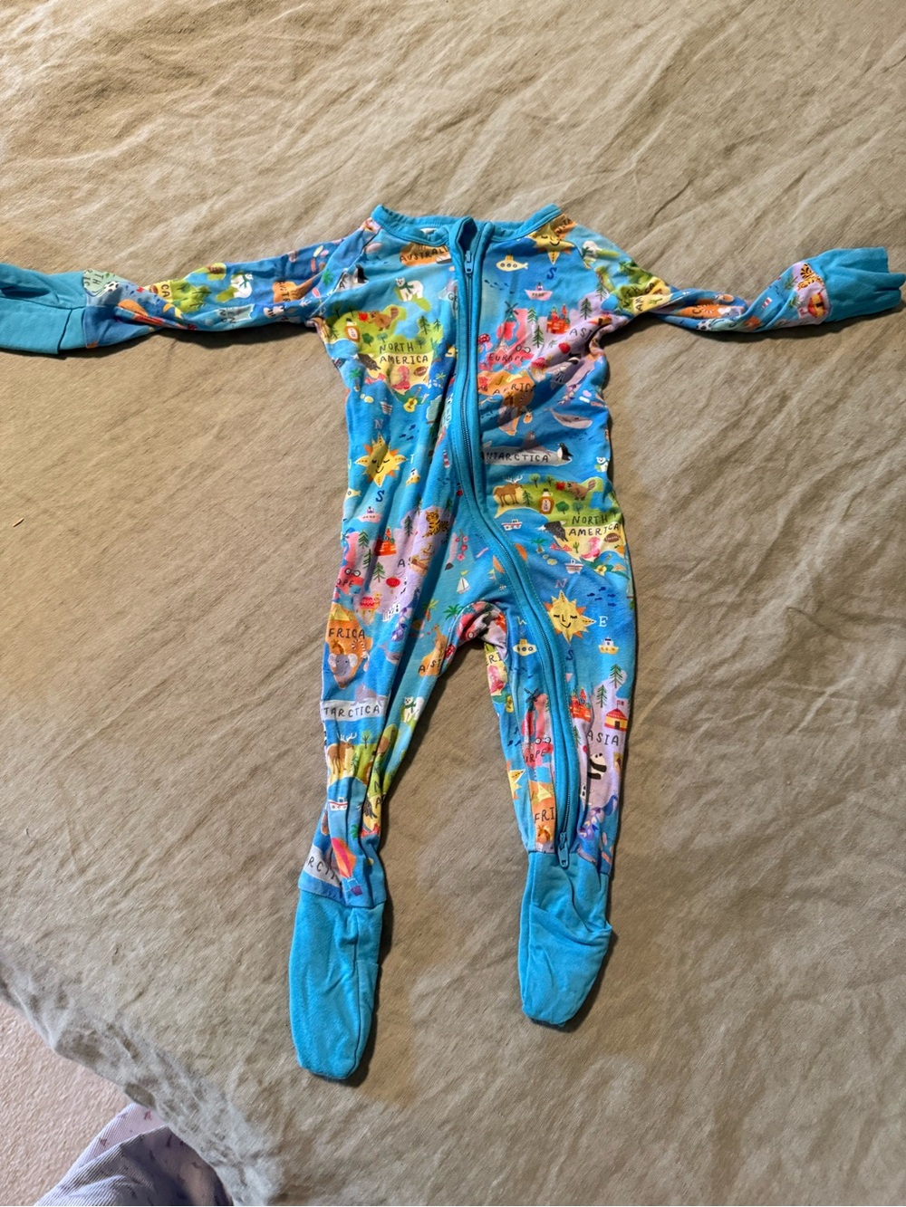 Blue Map-Print Kids One-Piece Footed Pajamas